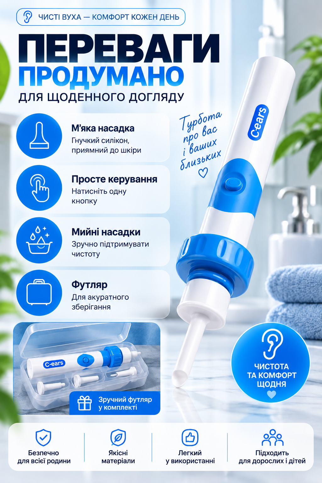 Переваги C-EARS: м'яка насадка, просте керування, мийні насадки, футляр